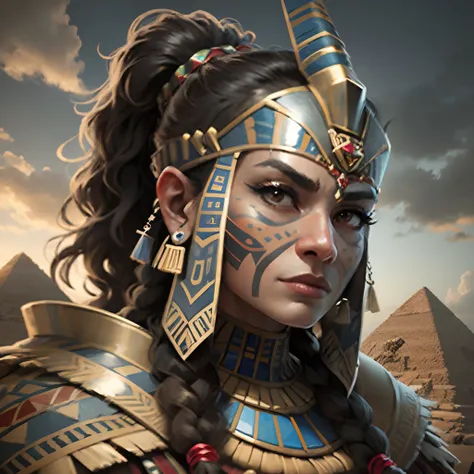 Aztec warrior, background is Egyptian pyramids, high facial detail, 8k --auto --s2