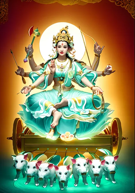 Beautiful woman sitting on a lotus in the car, Three-headed，In total, The arm has eight mudras，Barefoot on both feet，There are seven piglets pulling carts in front，goddess of love and peace, indian goddess of wealth, Heavenly Bodhisattva, full-colour illus...