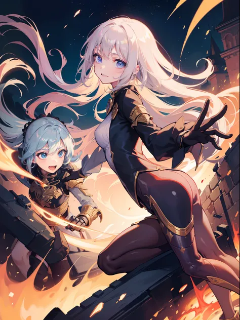 In a fantastical world, there exists a charming girl with a captivating smile. Even on the battlefield, she possesses extraordinary combat skills. Whether wielding a sword or wielding magic, capture her in a painting against a backdrop of fantasy