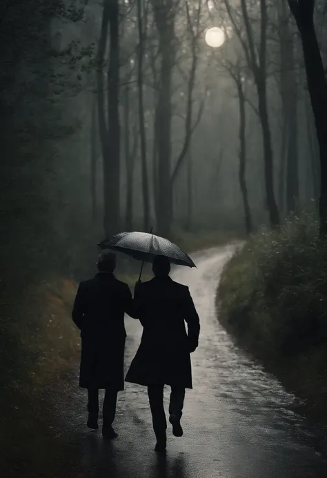 (best quality,4k,8k,highres,masterpiece:1.2),ultra-detailed,realistic,photorealistic:1.37,man in black clothes,man in black clothes walking,raytraced,rainy day,depressing,forest,streetlamp-lit background, two men, exploring the woods, heavy rainfall,volume...