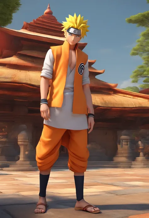 Naruto in Indian dhoti kurta in a Shiva temple holding a trishul with jiraiya, ultra HD quality, ultra realistic background, ultra realistic face,4k ultra realistic, sunrise.