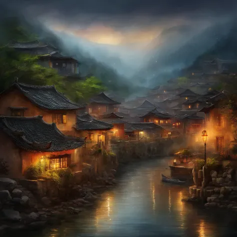 arafed view of a village with a lot of lights on the buildings, dreamy chinese town, chinese village, amazing wallpaper, japanese town, japanese village, hyper realistic photo of a town, old asian village, japanese city, by Raymond Han, rainy evening, cybe...