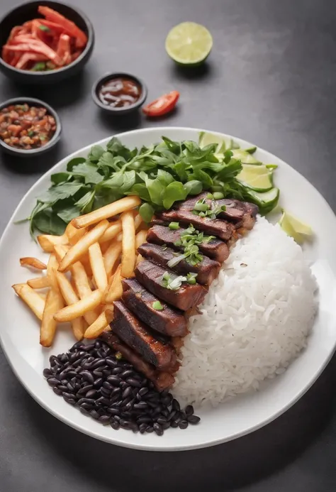 Uu8m rice and black bean dish with fries and onion steak