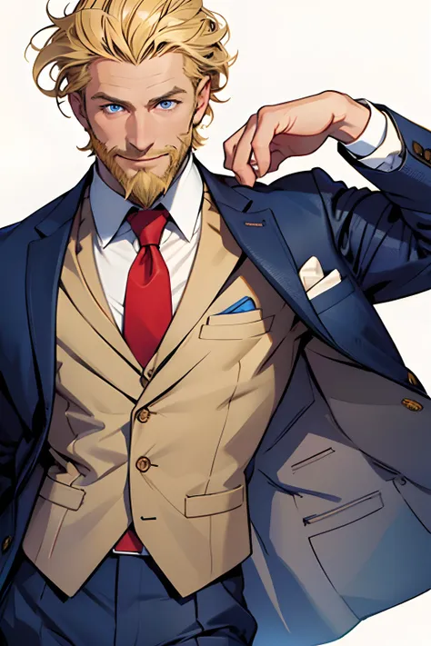 1man, solo, super fine illustration, best quality, blonde hair, blue eyes, American, in his 50s, with beard, cute smile, short hair, disheveled suit.