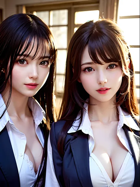 2 young girls, Beautiful girl of the highest grade, Super beautiful detailed face, (Beautiful breasts), (High School Uniform), bared  chest, (Details of a very beautiful face), (Best Quality:1.4), 8K resolution, High resolution, (Photorealistic, High resol...