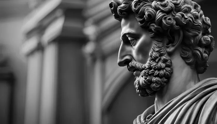 a portrait statue of the stoic Marcus Aurelius in black and white 4K,Face de lado, papel de parede super realista , sem camisa, Sintura,corpo forte