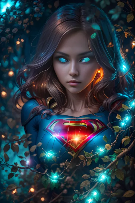 Cyborg Supergirl from DC, covered with tree branches, bright blue white glowing heart, visible from human, nighttime, colorful, photography hyper-detailed cinematic hdr lighting, softbox lighting, extreme detail