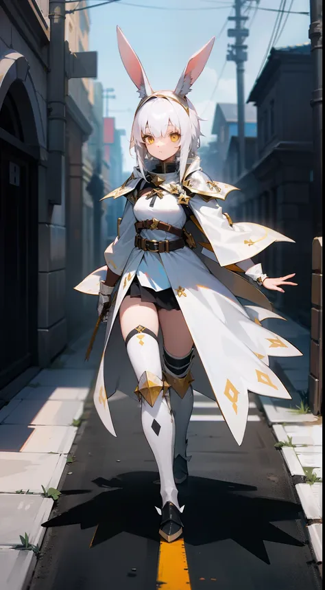 1girl,kid,white hair,Long rabbit ears,yellow eyes,templar silver knight outfit,knight,walking in the road