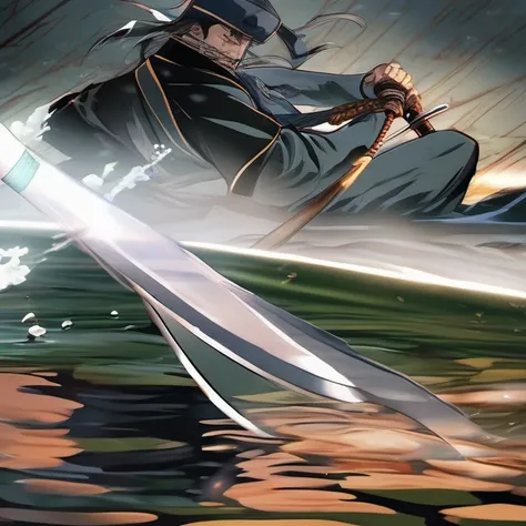 (Morte jogo homem vs mulher).Close-up of a samurai cutting water with his katana,cabelo preto longo com uma cicatriz na testa de um corte,homem adulto bonito,barba curta,Exprecion de pas and tranquility flowing like water,Mestre com a Espada,Samurai com qu...