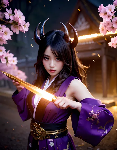 ((World of Darkness)),Professional , ​masterpiece、top-quality、photos realistic , depth of fields 、（sexypose）、(Background of cherry blossoms in full bloom),（Ultimate Beauty）、A dark-haired、（Fight ninjas)、（Kimono with beautiful pattern）、（Night background）、（（a...