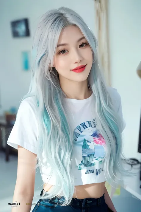 a close up of a person with long hair wearing a white shirt, her hair is white, with white long hair, with long white hair, her hair is silver, light gray long hair, long hair with pastel colors, sky blue straight hair, with long turquoise hair, light blue...