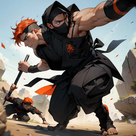 Battle scene between two 35-year-old ninjas with orange hair and other muscular black hair