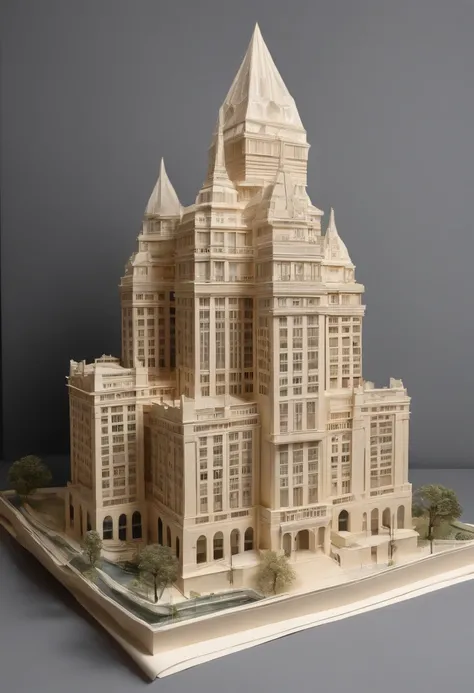 (best quality,4k,8k,highres,masterpiece:1.2),ultra-detailed,(realistic,photorealistic,photo-realistic:1.37),tall building architecture physical model made of paper,paper-mache skyscraper,paper artwork,paper sculpture,precisely folded and crafted paper stru...