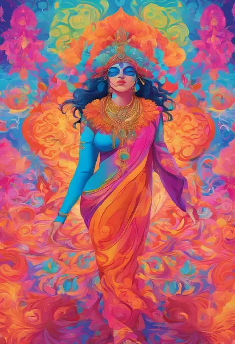 highly detailed), (illustration), (intricate), (beautiful face), (attractive body), (complete body picture), modern indian goddess, transparent clothes, dynamic pose, flying flower petals, colorful, eye-catching, heavenly.