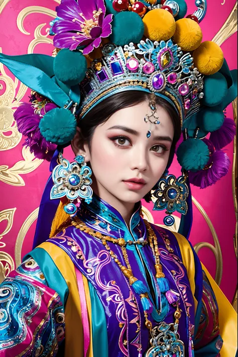 beautiful detailed eyes, traditionalcostumes, vivid colors, dramatic lighting, complex facial makeup, delicate headgear, elegant...