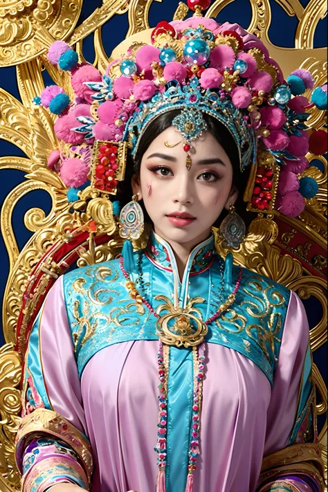 Beautiful detailed eyes, traditionalcostumes, Vivid colors, Dramatic lighting, Complex facial makeup, Delicate headgear, Elegant gestures, A gorgeous stage background, Decorative accessories，（tmasterpiece，top Quority，best qualtiy，offcial art，Beauty and aes...