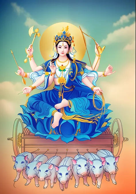 Beautiful woman sitting on a lotus in the car, Blue clothes，Three-headed，In total, The arm has eight mudras，Barefoot on both feet，There are seven piglets pulling carts in front，goddess of love and peace, indian goddess of wealth, Heavenly Bodhisattva, full...