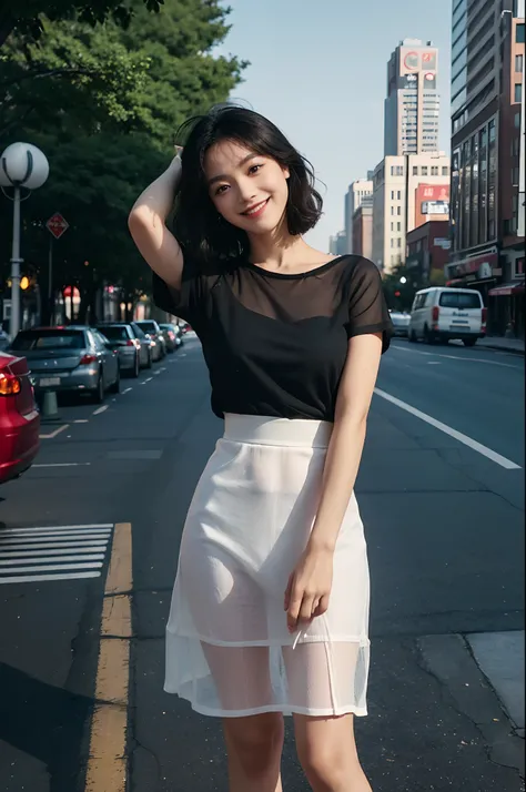 there is a woman that is standing in a building with her hands on her head, wearing black tshirt, wearing a black t-shirt, taken with canon 8 0 d, wearing a black tshirt, outlive streetwear collection, photograph of a techwear woman, chiho, with short hair...