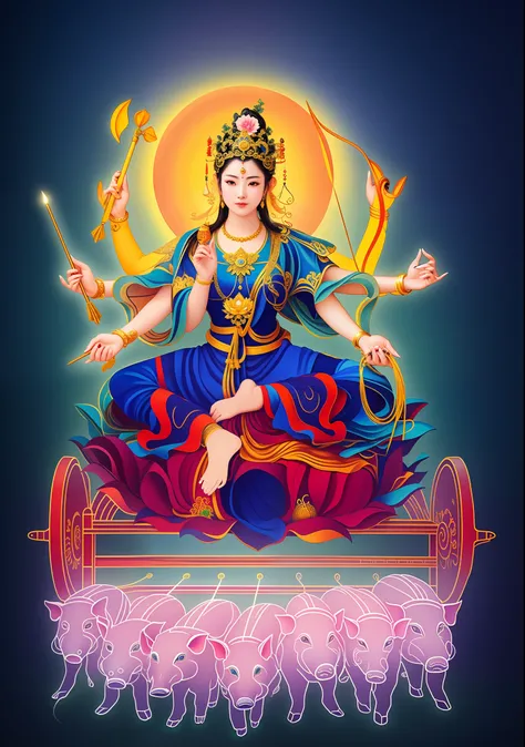 Beautiful woman sitting on a lotus in the car, Blue clothes，Three-headed，In total, The arm has eight mudras，Barefoot on both feet，There are seven piglets pulling carts in front，goddess of love and peace, indian goddess of wealth, Heavenly Bodhisattva, full...