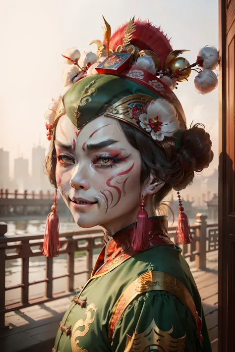 peking opera face，facial peking opera makeup，sportrait， looking at viewert， ssmile， simple backgound， keep one's mouth shut，