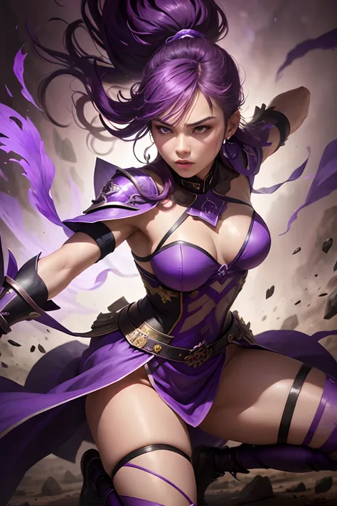 Violet Warrior woman, full body, violet Warrior flower color palette, fighting posture, fierce look. dynamic background