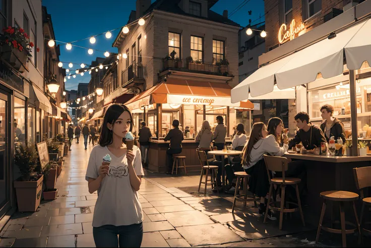 Young woman eating ice cream on the terrace of an ice cream parlor, iluminada por el sol, calle con mucho color