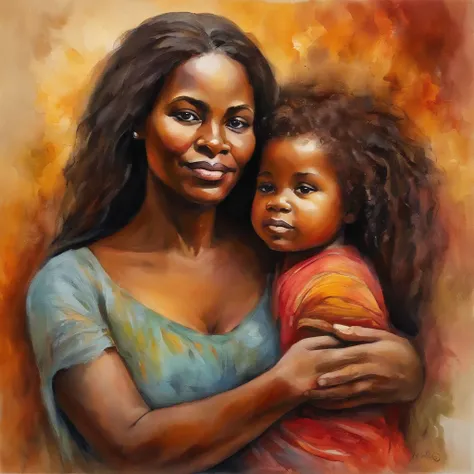 A closeup of mother holding an infant child in her arms, African, Negroid, african hair, picasso style, (heavy brushstrokes:1.2), vibrant colors, (thick impasto:1.3), (angled composition:1.1), dramatic shadows, (dramatic lighting:1.2), peaceful atmosphere,...