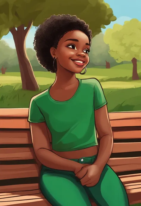 Um desenho de uma menina negra de 10 anos com cabelos afro castanhos e uma camiseta vermelha. Shes sitting on a white bench in a green field, full of grass and trees. She holds her phone with her right hand and strikes a fun pose for the camera. She has a ...