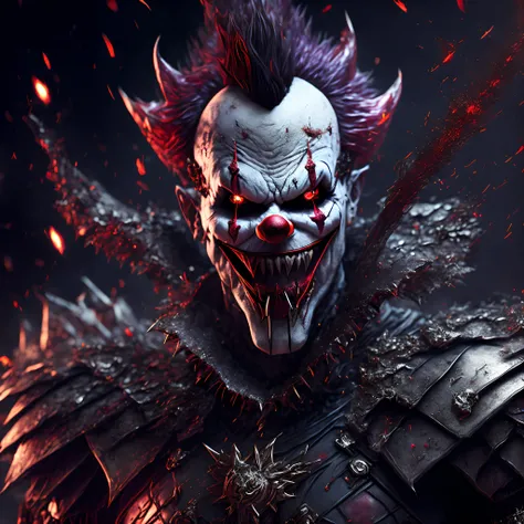 Close-up ( Evil clown from it in Goth style: 1.3) emerging from blood, extremely detailed, emerging from The One Piece show, sparks, metal shavings, flying debris, volumetric light