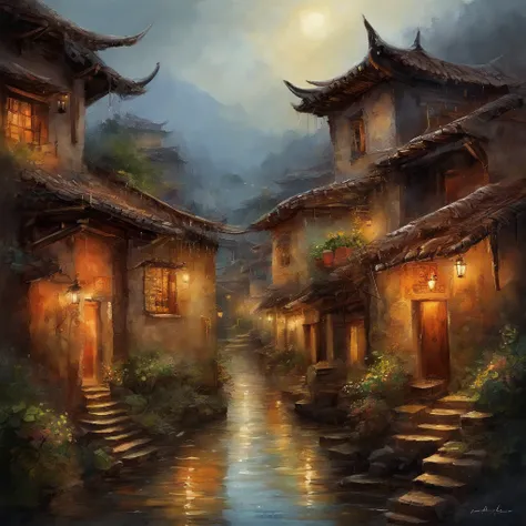 arafed view of a village with lots of lights on buildings, dreamy chinese town, chinese village, amazing wallpaper, surreal photo of a small town, old asian village, raymond han, rainy night, cyberpunk chinese ancient castle, beautifully lit building, even...