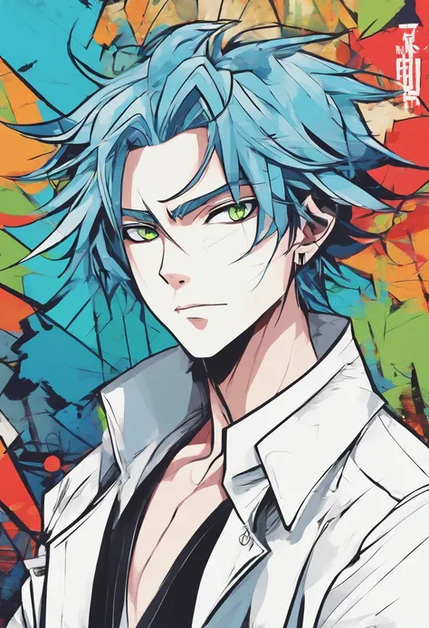 masterpiece, best quality, ((1man)),blue hair,green eyes,serious expression, smiling,waist up,line art,medium hair,white blazer,black t-shirt,expressionless eyes,((Tite Kubo style))