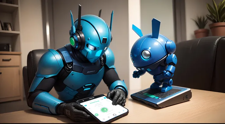 A Blue robot holding a smartphone, whatsapp, green conversation balloon