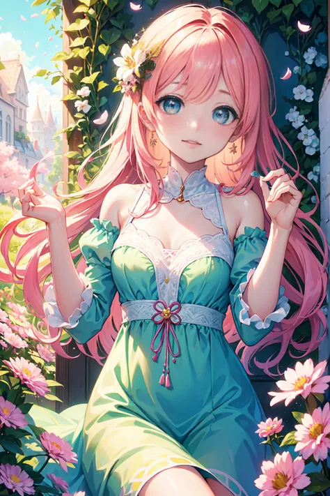 (best quality, 8k, masterpiece:1.2, nsfw ),Cutest,Cute girl,mesugaki,Beautiful face,Beautiful eyes,Beautiful hair, Light pink hair,Lots of colorful flowers,soft sunlight,vivid colors,shimmering petals,peaceful garden,flying butterflies,lovely dress,innocen...