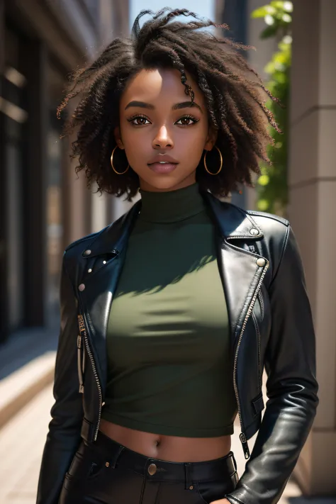 Masterpiece, Best quality,  A dark-skinned black young  woman wearing a detailed green top with an intricate black leather jacket with striking features, she should have short curly hair, captivating gaze, background should be neutral and simple allowing t...