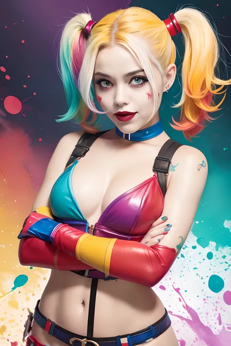 Half-bust shot of Harley Quinn with arms crossed pose (eyes looking in the camera), colorful, Slightly open mouth, watercolor background, colorful splash, small breast, wearing a colorful corset