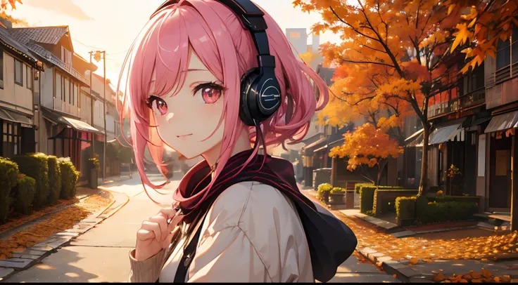 ​masterpiece、top-quality、Movie stills、1girl in、Landscape of autumn leaves、pink shorth hair、headphones、with light glowing、Happiness、Warm and soft lighting、Sunset of autumn leaves、(Spark:0.7)