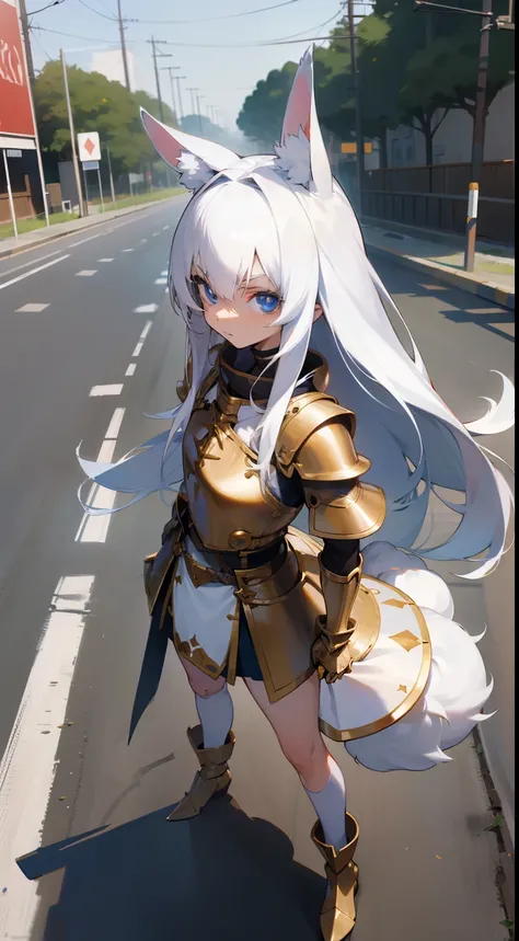 Anime,1girl,(small,10years),solo,white hair,(((Long rabbit ear))),blue eyes,long hair,wolf tail,templar gold knight outfit,masterpiecd,hd,4k,best face,detailed face,innocent face,serious face,(((standing in the road,)))