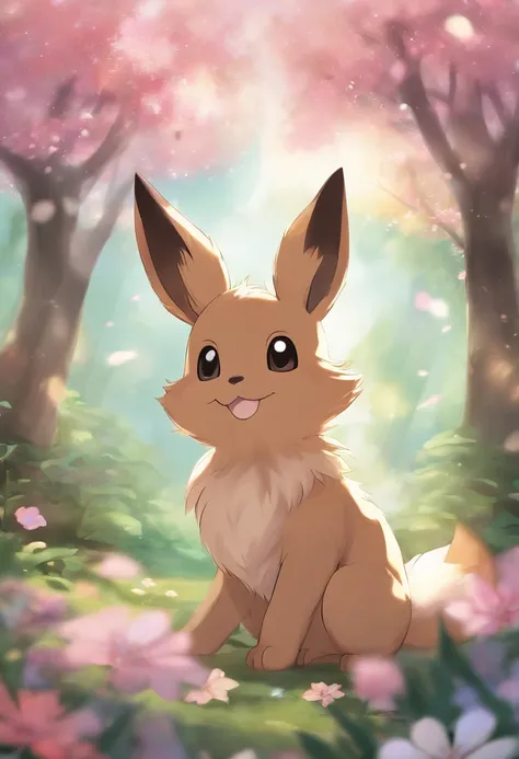 Mans, Solo, A pokémon (species), Eeve Elution, Eevee, multi colored fur, Smile, Fluffy, Shirt, T-shirt, Clothing, Hires, Detailed, Anime, けもの, dagasi, flower petals, Flowers, tree, Detailed background, beautiful detail, brilliance, pixiv, cute kawaii,