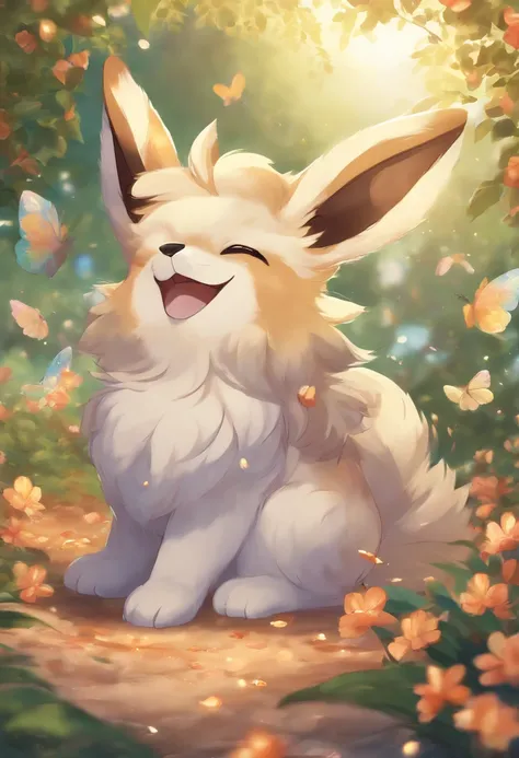 Mans, Solo, A pokémon (species), Eeve Elution, Eevee, multi colored fur, Smile, Fluffy, Shirt, T-shirt, Clothing, Hires, Detailed, Anime, けもの, dagasi, flower petals, Flowers, tree, Detailed background, beautiful detail, brilliance, pixiv, cute kawaii,