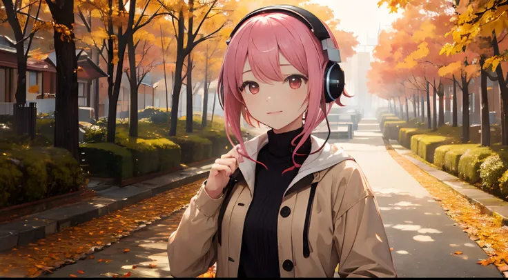 ​masterpiece、top-quality、Movie stills、1girl in、Landscape of autumn leaves、pink shorth hair、headphones、with light glowing、Happiness、Warm and soft lighting、Sunset of autumn leaves、(Spark:0.7)、Retreated paintings