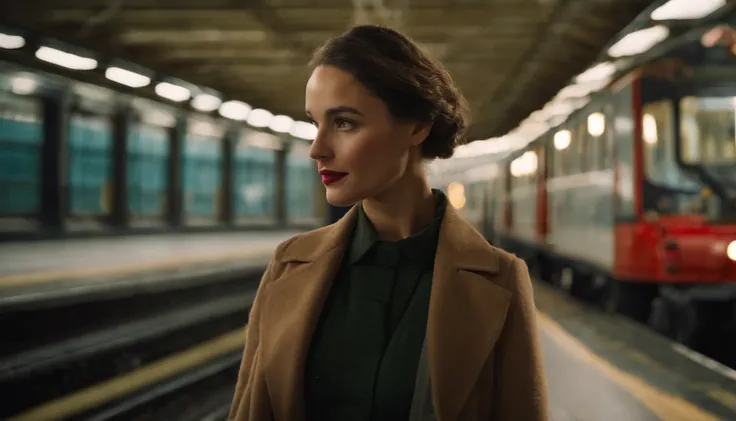 (high quality,4k,8k,highres,masterpiece:1.2), ultra-detailed, (realistic,photorealistic,photo-realistic:1.37), woman, red lipstick, 30s aesthetic, blur of a train station, woman and man saying goodbye, out of focus lights, bokeh, general cinema shot