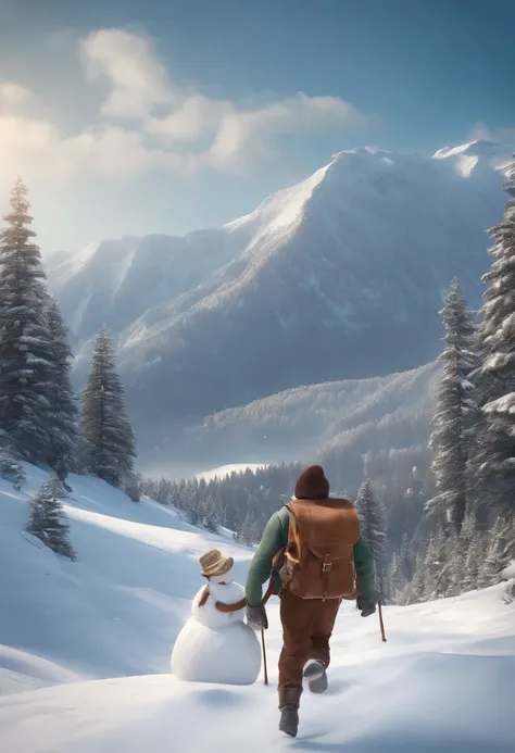 boy, TRAVELING FASHION, wavy hair, brown eyes, white skin, brown backpack on his back, HOLDING THE TREASURE MAP IN HIS LEFT HAND, running away from the snowman, SCENE in the middle of snowy mountains, camera view from afar, 4k, 3D animation, DYNEY MODEL, P...