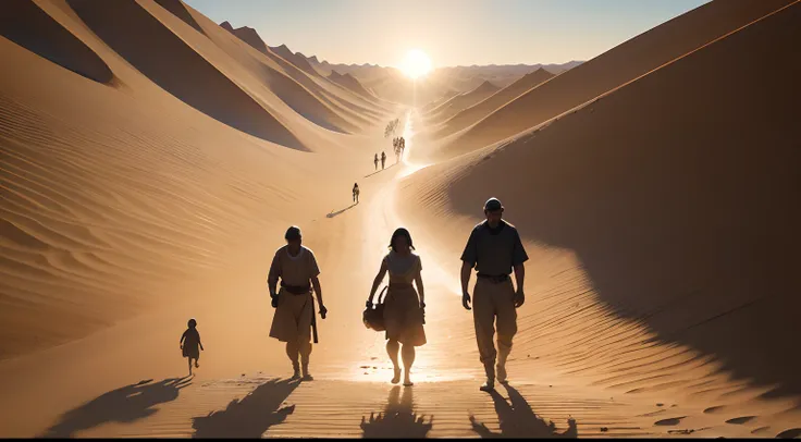 moises and people walking in the desert,illustration,hot sand,dry landscape,dust clouds,gritty texture,vibrant colors,sunlight casting shadows,high contrast,realistic details,an ancient biblical scene