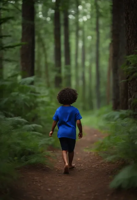 BOY, BLACK, CURLY HAIR, BLUE CLOTHES, JOYFUL, WALKING, ENJOYED FOREST SETTING,