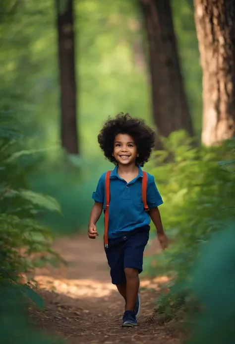 BOY, BLACK, CURLY HAIR, BLUE CLOTHES, JOYFUL, WALKING, ENJOYED FOREST SETTING,