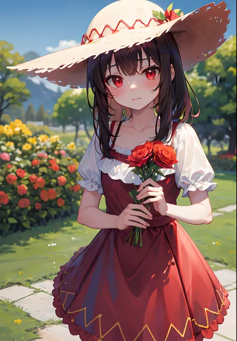 ((obra-prima, melhor qualidade)), megumin, flor, solo, vestido, segurando, heaven, nuvem, kalap, ao ar livre, franja, bouquet, rosa, no expression, blush, cabelo rosa, campo de flores, flor vermelha, red eyes, vestido branco, olhando para o espectador, cab...