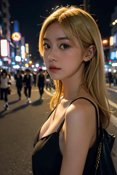 blonde girl, Tokyo street, noite, paisagem urbana, luzes da cidade, parte superior do corpo, close-up, 8k, foto RAW, melhor qualidade, obra-prima, realista, foto-realista,