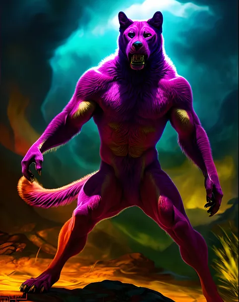 best quality, vivid colors, strong lighting, wildlife, muscular body, powerful stance, detailed background, realistic fur texture, intense expression.