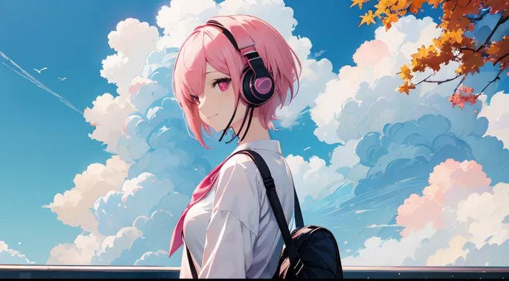 High quality, Very detailed, Clear Image, Profile anime girl, Have short pink hair, Short hair in the wind, Pink eyes, Smiling,Wear neat and clean clothes、 close to the body, Blue sky, With moving clouds、Wearing headphones、eyes large、eyes gentle、Shortcut H...