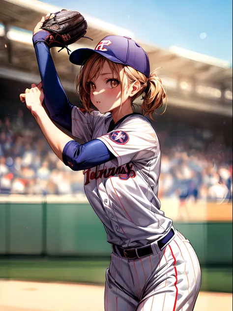 baseball cosplay,  baseball stadium, baseball uniform, triumph expressions,1girl, wide angle shot, detailed uniform, look at viewer, depth of field,  detailed realistic background, diffused natural sunlight, diffused natural skin glow, summer